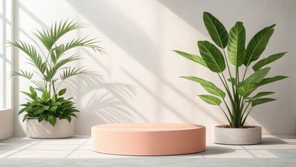Minimal interior with pink podium and plants in pots for product display and presentation