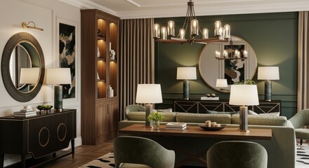 Elegant Green Living Room Interior with Lamps and Dark Wood Furniture