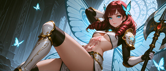 斧を持った赤い巻き髪の美女　Beautiful woman with curly red hair holding an axe
