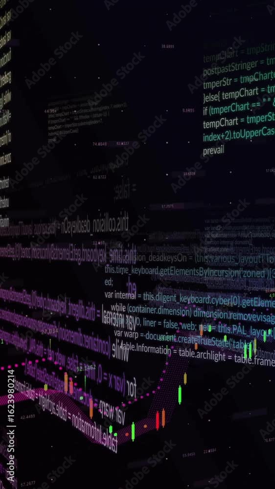 Poster animation of data processing over diagrams and stock market