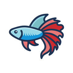 Cartoon Betta Fish Illustration with Blue and Red Fins on Black