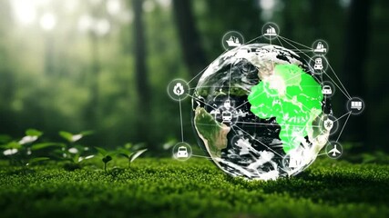 A globe with icons on grass in a forest representing global connectivity and sustainability goals