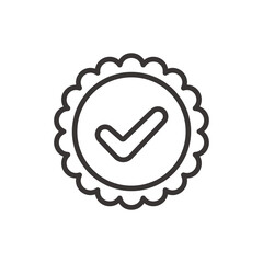 A line art icon of a checkmark inside a circular shape with a wavy or floral edge, representing a unique seal of approval or quality.