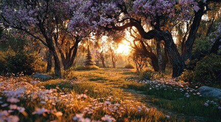 Sunlit path through flowering trees and meadow