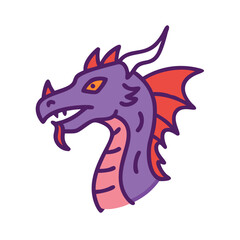 Cartoon Purple Dragon Head Illustration with Orange Accents on Black Background