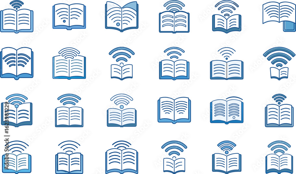 Poster collection of digital reading icons representing ebooks online learning and digital library access