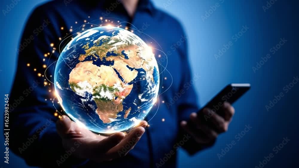 Poster man holding earth globe with network connections while using a mobile phone in blue background