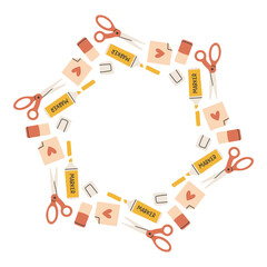 Simple school circle frame. Round school themed border made of different school objects. Soft pastel colors back to school hand drawn vector banner isolated on white background.