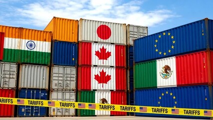 Stacked shipping containers with country flags and tariffs tape against a cloudy sky backdrop - Powered by Adobe
