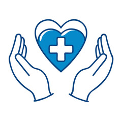 A symbolic representation of healthcare, with hands cupping a blue heart and a medical cross, conveying themes of care, well-being, and support.