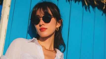 Woman wearing trendy sunglasses and a crisp white shirt, exuding confidence and style - Elegance