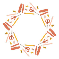 Simple school circle frame. Round school themed border made of different school objects. Soft pastel colors back to school hand drawn vector banner isolated on white background.