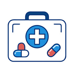 Obraz premium A simple yet striking image of a medical first aid kit, complete with a blue cross emblem and two illustrative pills, perfect to illustrate the concept of health and well-being.