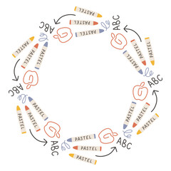 Simple school circle frame. Round school themed border made of different school objects. Soft pastel colors back to school hand drawn vector banner isolated on white background.