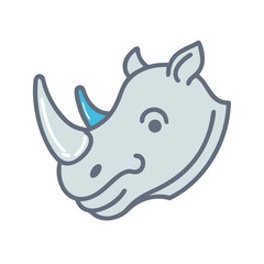 Cute Cartoon Rhinoceros Head Illustration with Blue Horn on Black Background