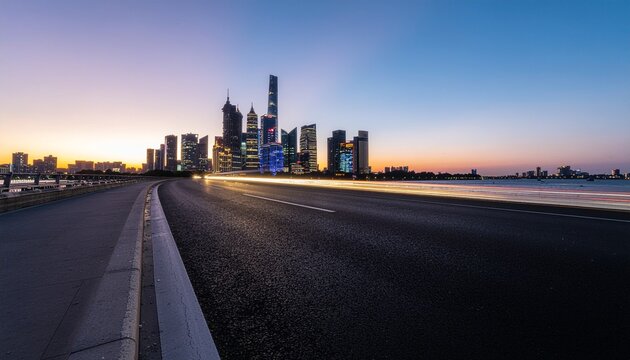 City Skyline at Dusk with Empty Highway and Light Trails