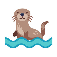 Cute Cartoon Otter Swimming in Water on Black Background Illustration