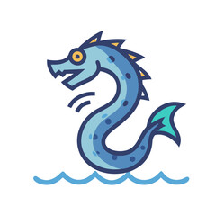 Cute Loch Ness Monster Cartoon Illustration on the Water, Nessie in the Sea