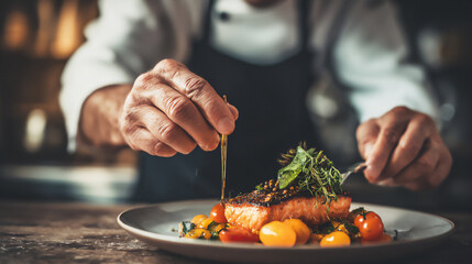 chef's hands garnishing cooked salmon dish