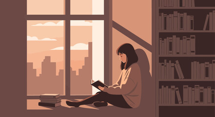 Fototapeta premium A Woman Reads a Book by the Window in a Cozy Environment