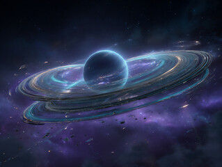majestic alien planet with vibrant cosmic rings