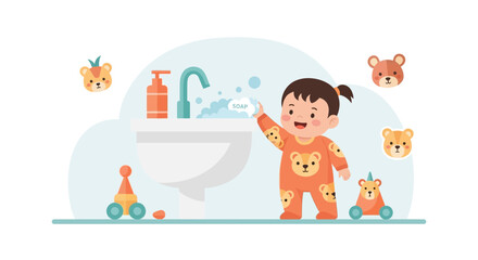 Fototapeta premium Adorable Little Girl Washing Her Hands At The Sink With Soap