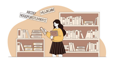 Female Student Selecting Book For Study In A Library With Alphabet