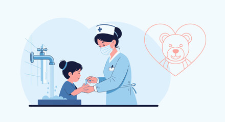 Obraz premium Caring Nurse Shows A Child How To Wash Her Hands Correctly In A Friendly Environment