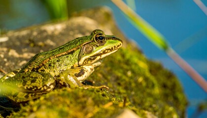 Fototapeta premium A vibrant green marsh frog resting on a mossy rock in the warm afternoon sun by a pond.