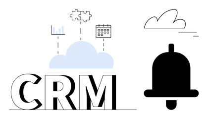 CRM typography complemented by cloud, puzzle, chart, calendar, and bell icons. Ideal for customer management, organization, collaboration, integration notifications productivity simple landing