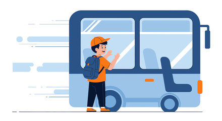 Obraz premium Cheerful Boy Going to School by Blue School Bus Illustration Cartoon