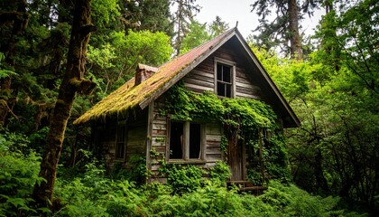 Obraz premium A rustic wooden cabin overgrown with lush green vines and moss in a dense forest wilderness.
