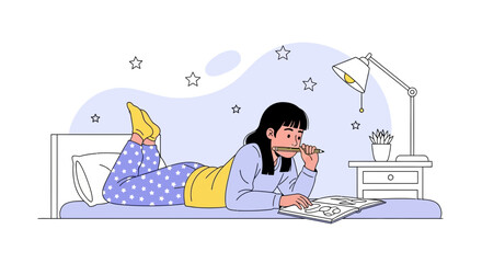 Dreamy Night: Girl In Pajamas Lying In Bed Drawing In Her Sketchbook