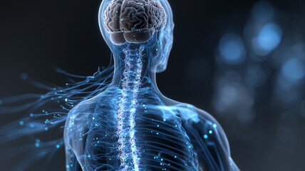 Detailed medical illustration of human nervous system, showcasing brain and spinal cord with glowing neural pathways, highlighting complexity and connectivity of system
