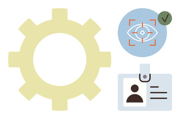 Gear wheel, biometric eye scan with verification checkmark, and ID badge combine to depict automation, identity verification, security, authentication, access control, technology, and efficiency