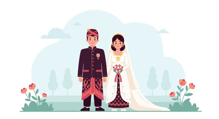 Elegant Indonesian Wedding Couple In Traditional Attire Cartoon Illustration