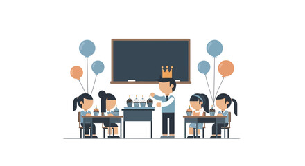 Elementary School Students Celebrating a Birthday Party With Cupcakes and Balloons