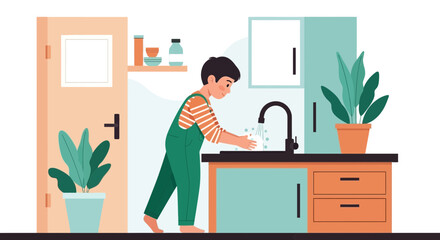 Child Washing Hands Prevention Hygiene Against Bacteria In Home Kitchen