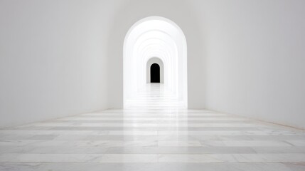 A minimalist and isolated empty white room with a long white corridor leading to a mysterious black door - Solitude