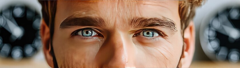 Obraz premium Mentally drained in daily burnout concept. Close-up portrait of a thoughtful young man with blue eyes.