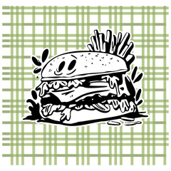 Hand-Drawn Doodle Style Vector Illustration of hamburger on Checkered Tablecloth for Food and Restaurant Design