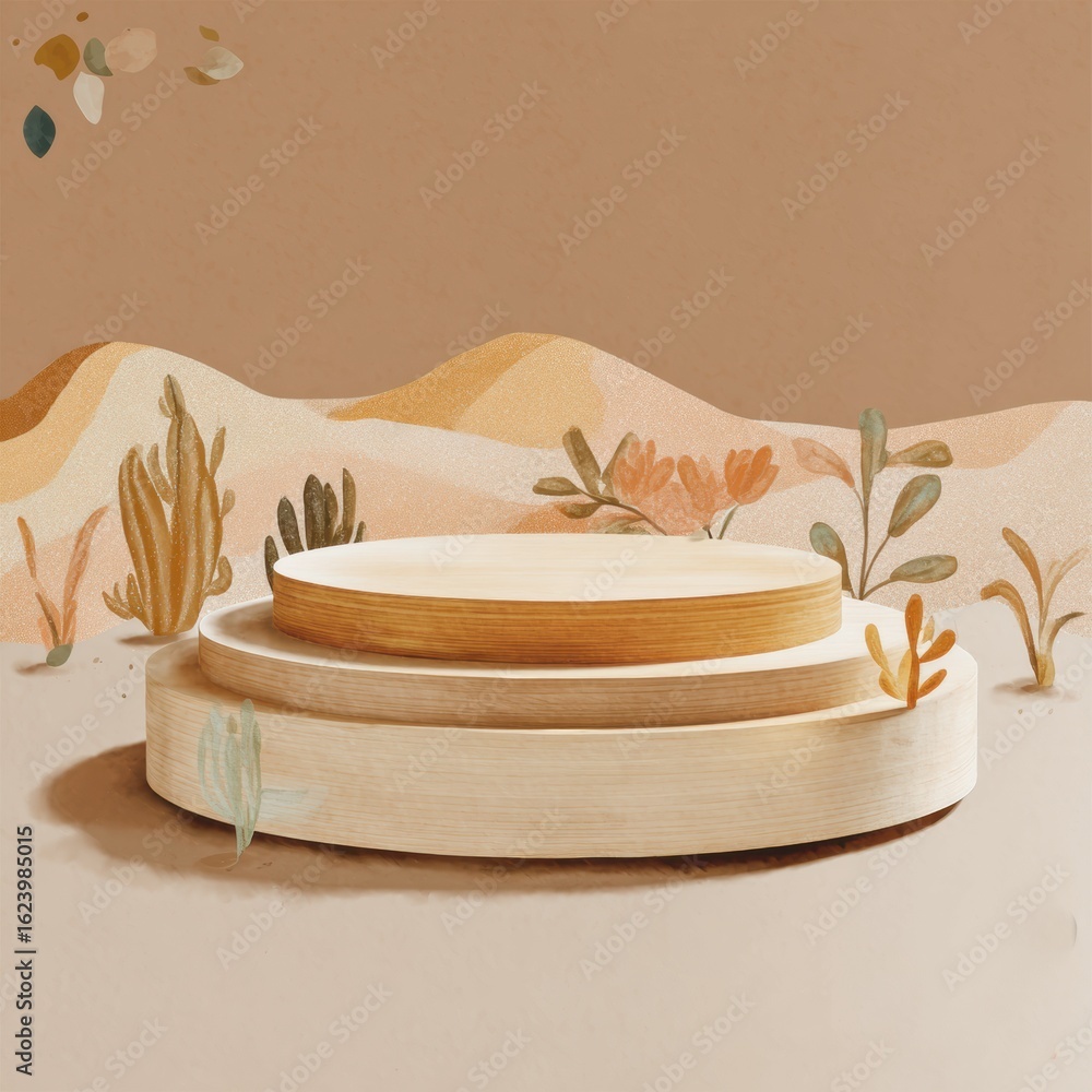 Poster desert stage: an empty display stage is set amidst an artistic desert landscape, showcasing a produc