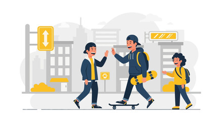 City Adventures Cheerful Teenagers Enjoying Urban Landscape And Activities Together