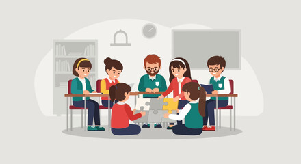 Collaborative Problem Solving Students Connect Jigsaw Pieces Teamwork In Classroom