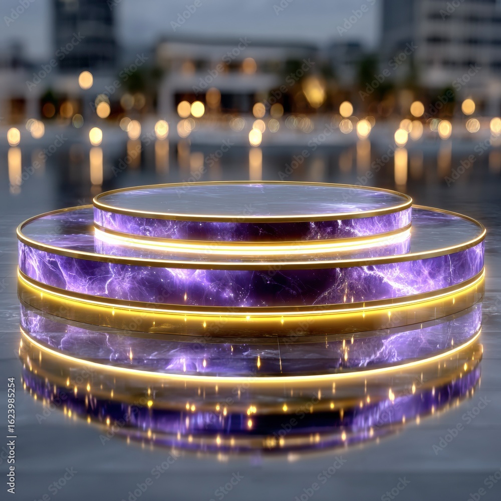 Poster illuminated podium stage: a futuristic and stylish podium with circular levels glows against a blurr