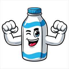 Winking milk bottle character showing muscle arms isolated on white. Vector illustration perfect for dairy, health, fitness, and fun product promotion themes.