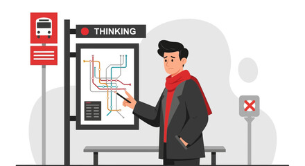Fototapeta premium Confused Commuter Figuring out Subway Routes at a Bus Stop Pointing a Subway Map