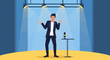 Confused Comedian On Stage Under Spotlights Delivering Poor Performance