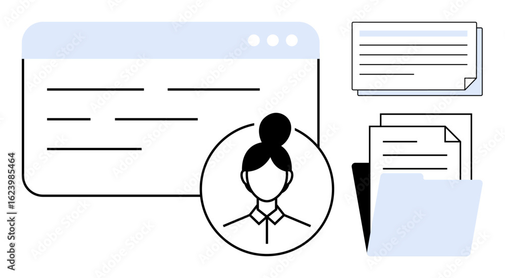 Poster female profile avatar, webpage interface, and document stack with folder symbolizing user profile, d