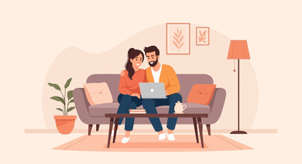 Couple Enjoying Leisure Time Together Watching a Laptop on The Comfortable Sofa